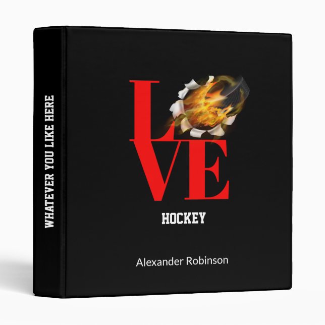 Love Hockey Personalized Sports Office School Binder (Front/Spine)