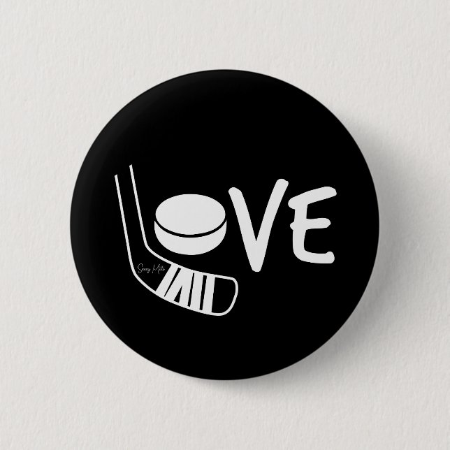 Love Hockey Spelled Out Sticks and Puck Black 2 Inch Round Button (Front)