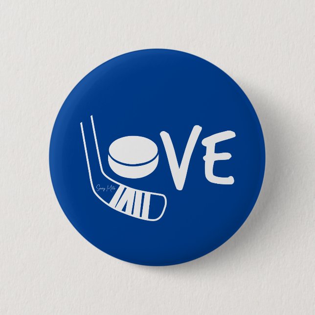 Love Hockey Word Spelled Out Sticks and Puck Blue 2 Inch Round Button (Front)