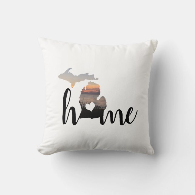 Love Home Michigan Typography With Heart Throw Pillow (Front)