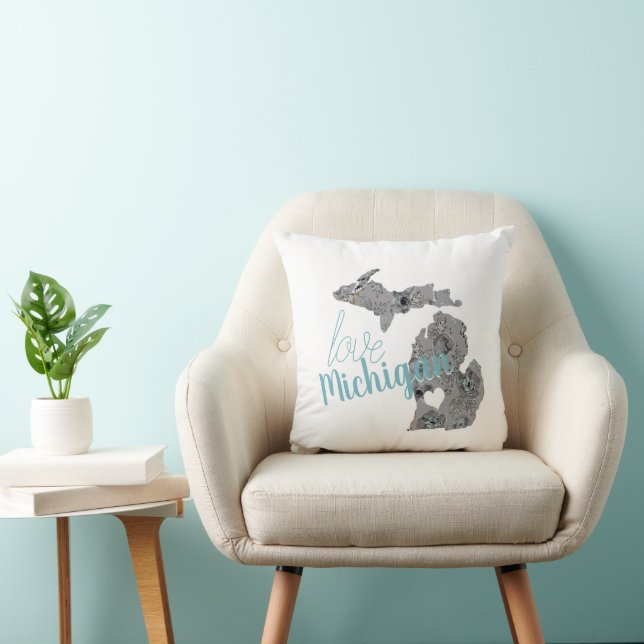 Love Home State Michigan Floral Filled Silhouette Throw Pillow (Chair)