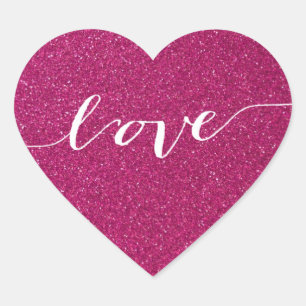 Love-Hot Pink Glitter Heart Wedding Favour Heart Sticker