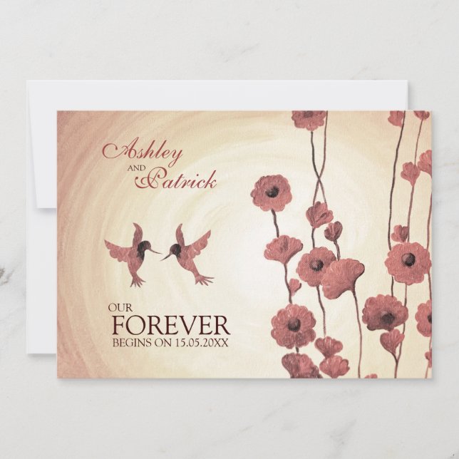 Love Hummingbirds and Painted Red Flowers Wedding Invitation (Front)