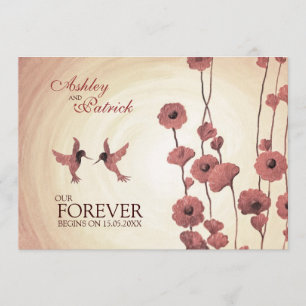 Love Hummingbirds and Painted Red Flowers Wedding Invitation