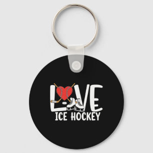 Love Ice Hockey Cute Skates Stick And Puck Sports Keychain
