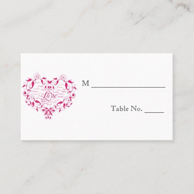 Love in Any Language in Pink Wedding Place Cards (Front)