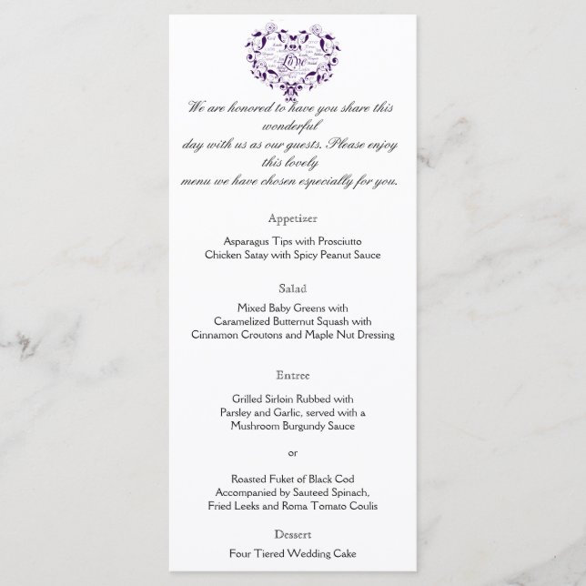 Love in Any Language in Purple Wedding Menu (Front)