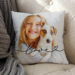 Love in Black Script with Heart Custom Photo Throw Pillow<br><div class="desc">Modern and stylish custom throw pillow design features a favourite photo with a minimal black "Love" typography overlay design that includes flourish and heart details. The black coloured text can be customized.</div>