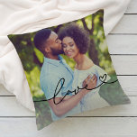 Love in Black Script with Heart Custom Photo Throw Pillow<br><div class="desc">Modern and stylish custom throw pillow design features a favourite photo with a minimal black "Love" typography overlay design that includes flourish and heart details. The black coloured text can be customized. A unique gift idea for a newlywed couple or for your loved one on Valentine's Day!</div>