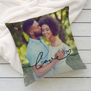 Love in Black Script with Heart Custom Photo Throw Pillow