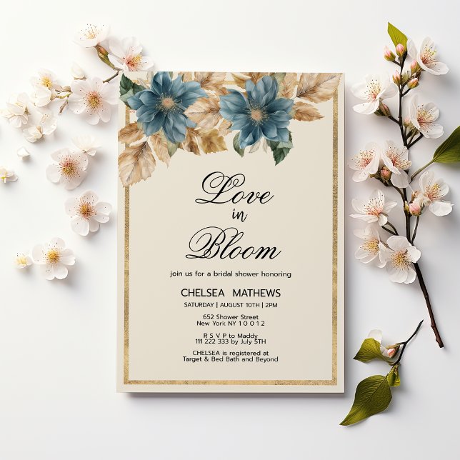 Love In Bloom blue gold floral Bridal Shower  Invitation (Love In Bloom blue gold floral Bridal Shower)