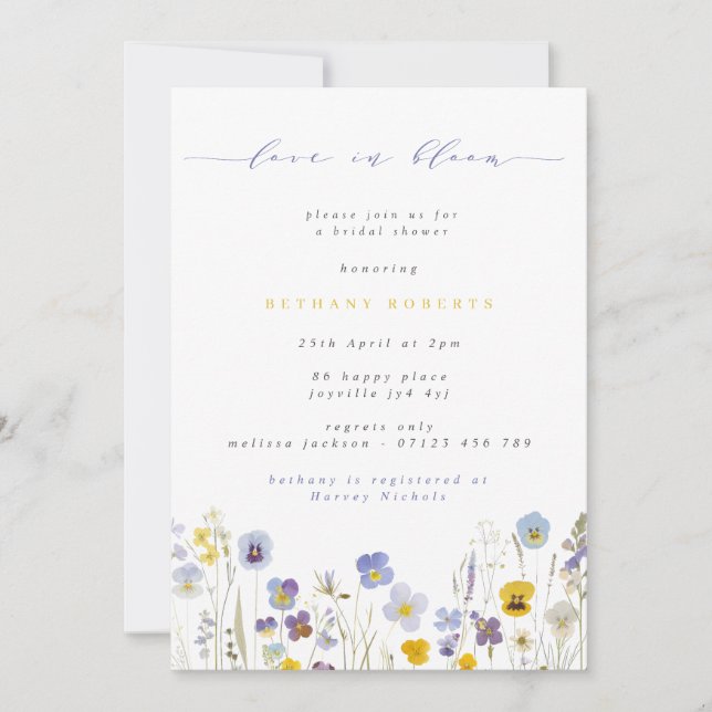 Love in Bloom Blue & Yellow Pansies Bridal Shower Invitation (Front)