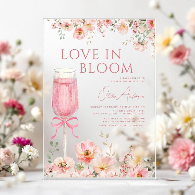 Love in Bloom Champagne Pink Bow Bridal Shower Acrylic Invitations (Creator Uploaded)