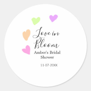 Love in Bloom colourful heart bridal shower name d Classic Round Sticker