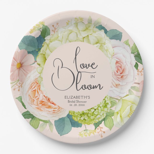 Love in Bloom Floral Bridal Shower Blush Pink Paper Plate (Front)