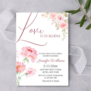 love in bloom pink blush flowers bridal shower invitation