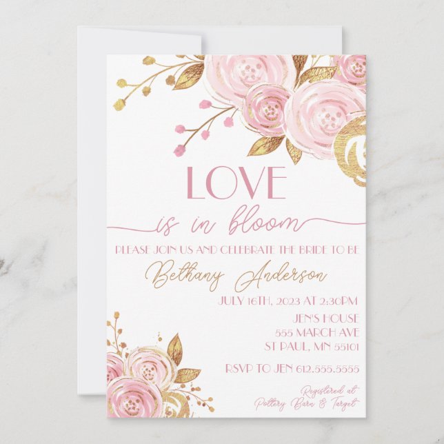 Love in Bloom Pink & Gold Bridal Shower Invitation (Front)