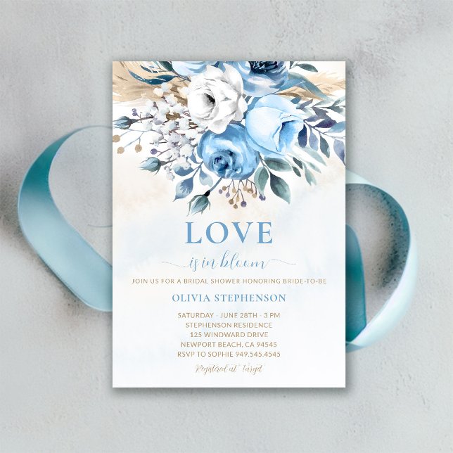Love in Bloom Something Blue Roses Bridal Shower Invitation (something blue bridal shower invitation dusty roses wheat watercolor romantic garden backyard)