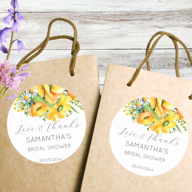 Love in bloom spring summer bridal shower favour classic round sticker (Love in bloom spring summer bridal shower thank you favor sticker yellow daisy favor stickers)
