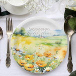 Love in bloom spring summer flower bridal shower paper plate<br><div class="desc">Love in bloom spring summer flower bridal shower template party plates personalized bridal shower tableware,  watercolor spring flower fields yellow buttercups white wild daisies bridal shower editable template plates</div>