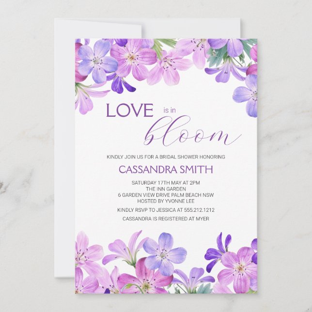 Love in Bloom Violet Geranium Bridal Shower  Invitation (Front)
