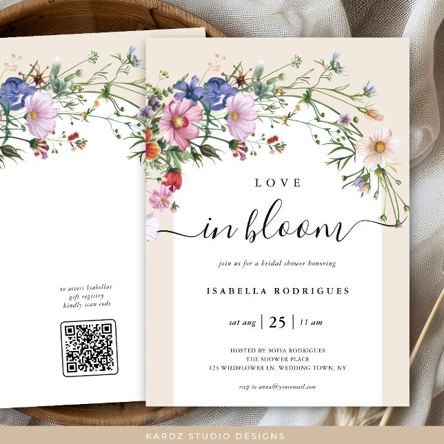 Love In Bloom Wildflower Bridal Shower Invitation (nvite shown in 5 x 7 inches, choose size, paper and corner style. Buy print or digital invitations.)