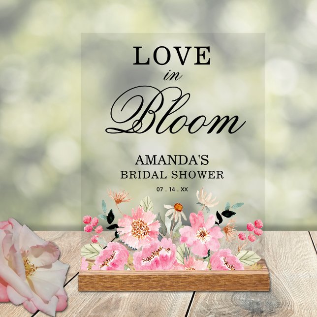Love in Bloom Wildflower Bridal Shower Welcome Acrylic Sign (Love in Bloom on pink garden floral bridal shower welcome acrylic tabletop sign)