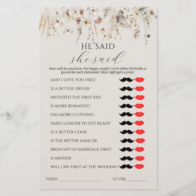 Love in bloom Wildflower Rustic Bridal Game  (Front)