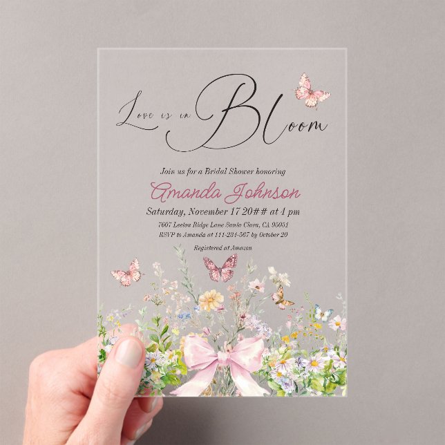 Love in Boom Wildflower Pink Bow Bridal Shower Acrylic Invitations (Insitu (Handheld))