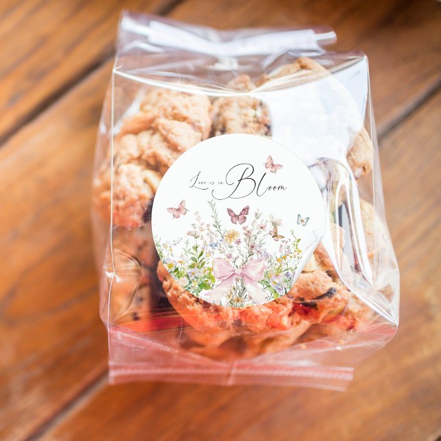 Love in Boom Wildflower Pink Bow Bridal Shower Classic Round Sticker (Creator Uploaded)