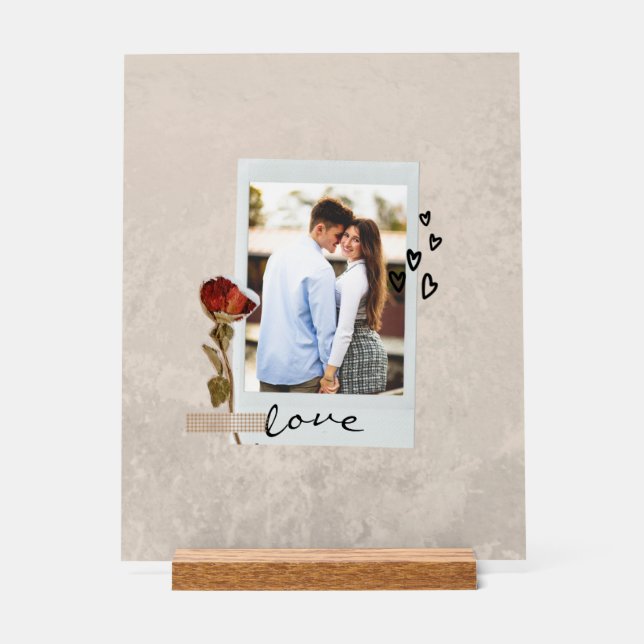 Love in Elegant Script Photo with Heart  Acrylic Sign (Front)
