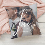Love in Elegant Script | Two Photo with Heart Throw Pillow<br><div class="desc">This beautiful pillow features the word "Love" in elegant, swirly calligraphy script, with two of your favourite photos and a handwritten scribbled heart. You can add your initials or monogram, or the name of any loved ones such as your mom, grandma, family, or spouse. Also makes the perfect wedding keepsake...</div>