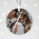 Love in Elegant Script | Two Photos with Heart Ceramic Ornament<br><div class="desc">This beautiful Christmas ornament features the word "Love" in elegant, swirly calligraphy script, with two of your favourite photos and a handwritten scribbled heart. You can add your initials or monogram, or the name of any loved ones such as your mom, grandma, family, or spouse. Also makes the perfect holiday...</div>