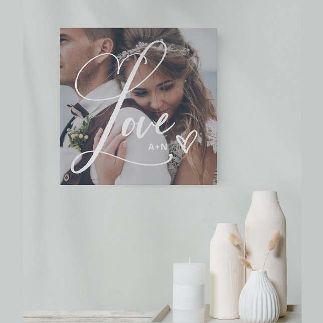 Love in Elegant Script | Your Photo with Heart Canvas Print (Creator Uploaded)