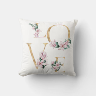 Love in gold letter with magnolia flowers throw pillow
