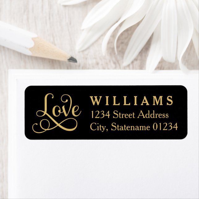 Love in Gold Script Black Mariage Adresse de retou (En situation)