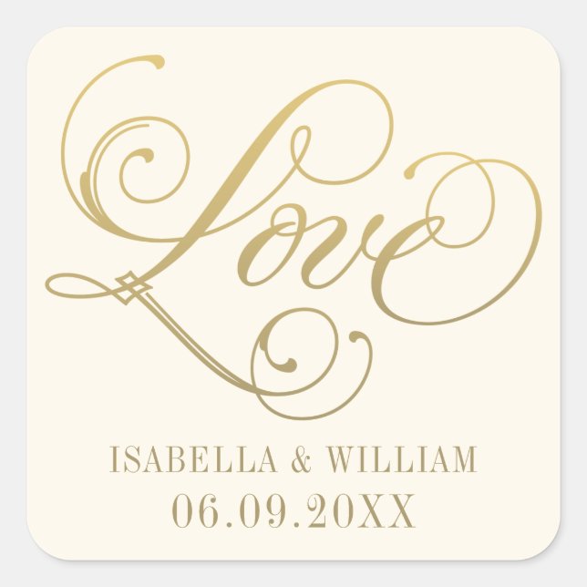 Love in Gold Script Ivory Wedding Monogram Square Sticker (Front)