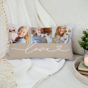 Love in Heart Script Beige Custom 3 Photo Collage Lumbar Pillow