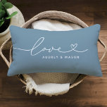 Love in Heart Script Dusty Blue Custom Monogram Lumbar Pillow<br><div class="desc">Modern and stylish custom lumbar throw pillow design features a simple and minimal "Love" typography design that includes flourish and heart details. Personalize the uppercase text below with a monogram for a couple or family, a quote, or other preferred text. The dusty blue / slate and white colours can be...</div>