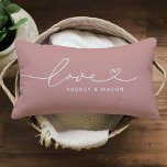 Love in Heart Script Dusty Rose Custom Typography Lumbar Pillow<br><div class="desc">Modern and stylish custom lumbar throw pillow design features a simple and minimal "Love" typography design that includes flourish and heart details. Personalize the uppercase text below with a monogram for a couple or family, a quote, or other preferred text. The dusty neutral rose dust pink and white colours can...</div>
