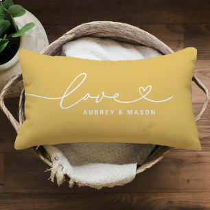 Love in Heart Script Golden Yellow Custom Monogram Lumbar Pillow
