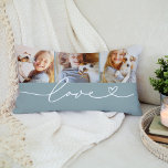 Love in Heart Script Mist Custom 3 Photo Collage Lumbar Pillow<br><div class="desc">Modern and stylish custom lumbar throw pillow design features a photo collage of three (3) favourite photos with a simple and minimal white "Love" typography design that includes flourish and heart details. The neutral grey mist green and white colours can be modified.</div>