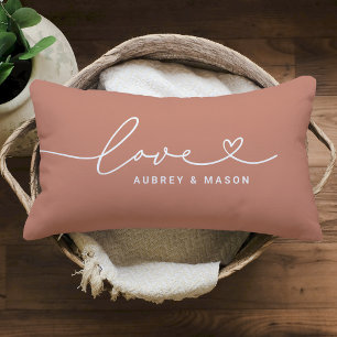Love in Heart Script Muted Clay Custom Monogram Lumbar Pillow