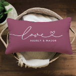 Love in Heart Script Rose Wine Custom Monogram Lumbar Pillow<br><div class="desc">Modern and stylish custom lumbar throw pillow design features a simple and minimal "Love" typography design that includes flourish and heart details. Personalize the uppercase text below with a monogram for a couple or family, a quote, or other preferred text. The rose wine red and white colours can be modified....</div>