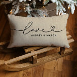 Love in Heart Script Rustic Linen Custom Monogram Lumbar Pillow<br><div class="desc">Modern and stylish custom lumbar throw pillow design features a simple and minimal "Love" typography design in black that includes flourish and heart details. Personalize the uppercase text below with a monogram for a couple or family, a quote, or other preferred text. A rustic linen background adds vintage appeal that...</div>