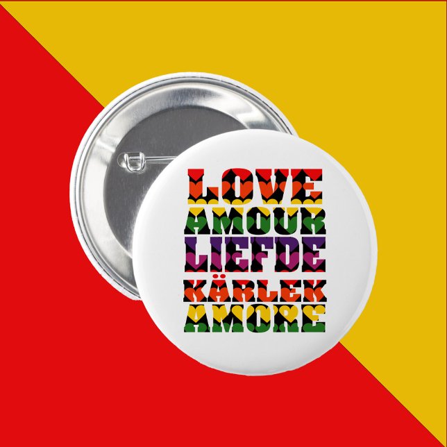 Love in Many Languages Dark Rainbow Hearts 2 Inch Round Button (A pin back button that says Love in English, French, Dutch, Swedish and Italian with rainbow hearts)