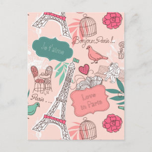 Love in Paris Pattern Pink Postcard