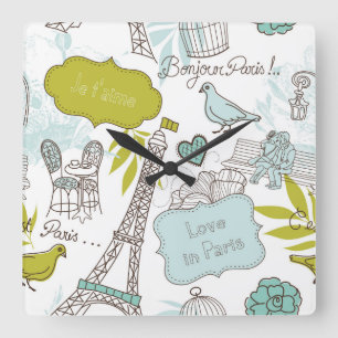 Love in Paris Pattern Square Wall Clock