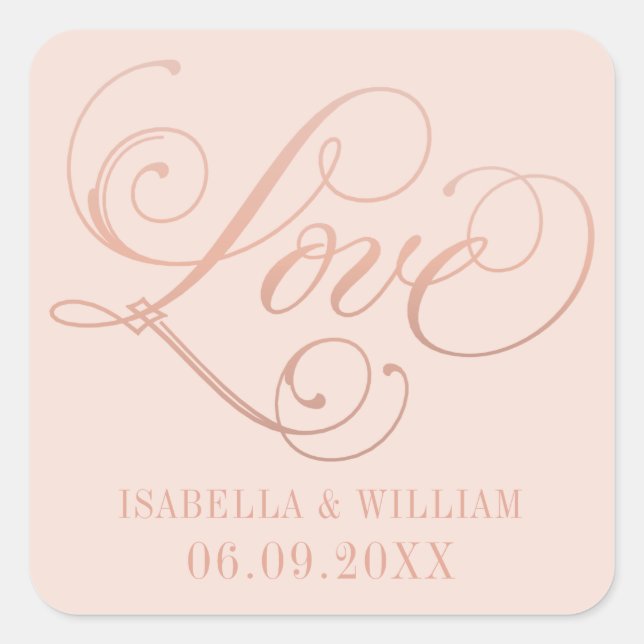 Love in Rose Gold Script Blush Wedding Monogram Square Sticker (Front)