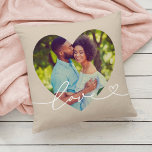 Love in Script Beige Custom Heart Shaped Photo Throw Pillow<br><div class="desc">Modern and stylish custom throw pillow design features a favourite photo in a big heart shape with a minimal white "Love" typography overlay design that includes flourish and heart details. The neutral grey beige background colour can be modified. A unique gift idea for a newlywed couple or for your loved...</div>